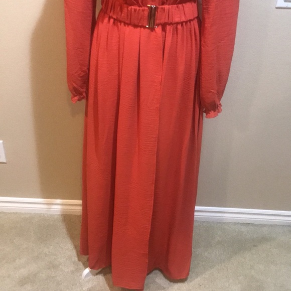 Orange Long Ruffled Sleeve Faux Wrap Belted Waist Maxi Dress-Size M - Picture 6 of 14